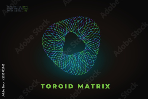 Tableau sur toile Futuristic Toroid Matrix Digital Background, Glowing Colorful Toroidal Sphere Te