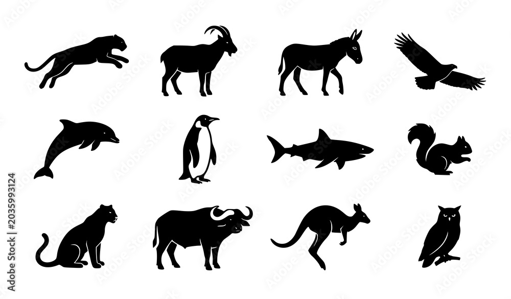 Obraz premium Assorted black animal silhouettes vector illustration with different wildlife poses isolated on white