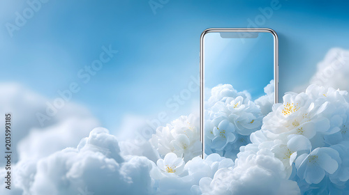 Smartphone mock up surrounded by soft white flowers and fluffy clouds against a serene blue background, ideal for design projects. Selective focus