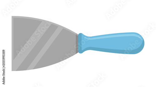 Blue handled metal putty knife tool for construction.