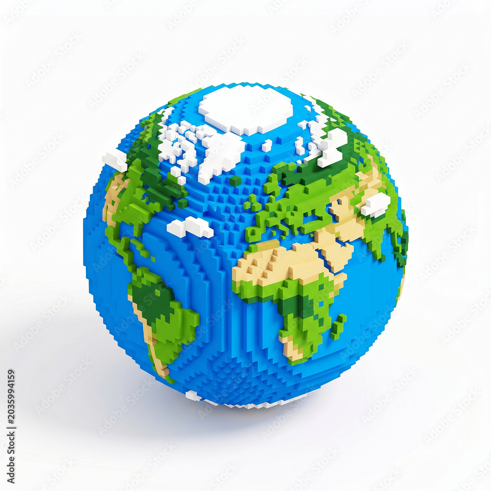 Fototapeta premium A colorful, pixelated globe constructed from building blocks sits isolated on a white background, representing global connectivity and digital environments.