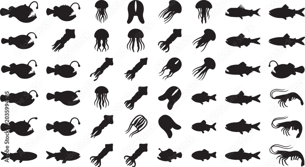 Obraz premium Collection of black silhouettes of various sea creatures on white background