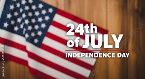 Independence day greeting with flag of united states on rustic wooden backdrop.