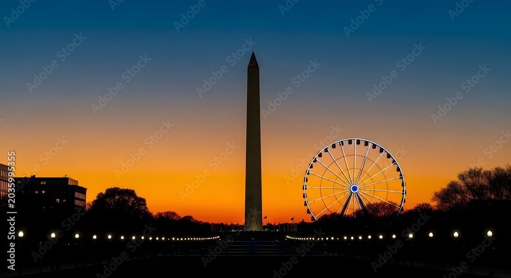Obraz premium Washington monument and ferris wheel silhouetted against vibrant sunset cityscape.