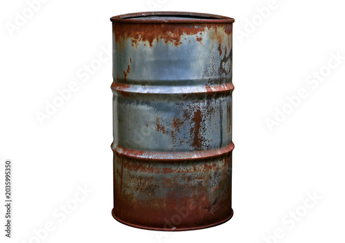 Old rusted Silver steel oil barrel isolated on transparent or white background