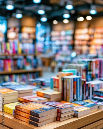 A colorful bookstore interior with stacks of books on wooden tables and shelves, illuminated by hanging lights creating a warm, inviting atmosphere.