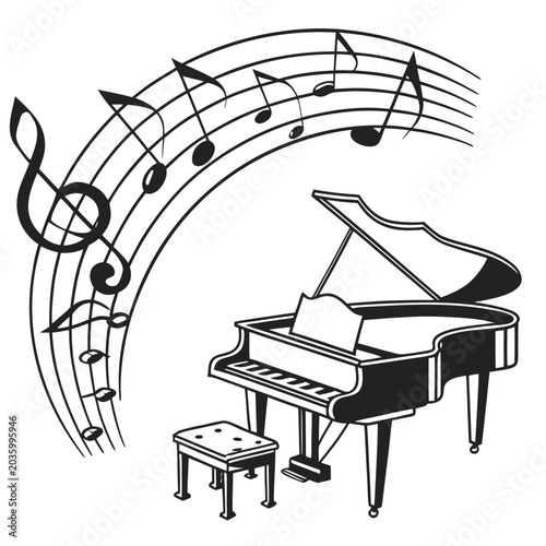 Canvastavla Elegant grand piano with swirling musical notes treble clef and staff indicating