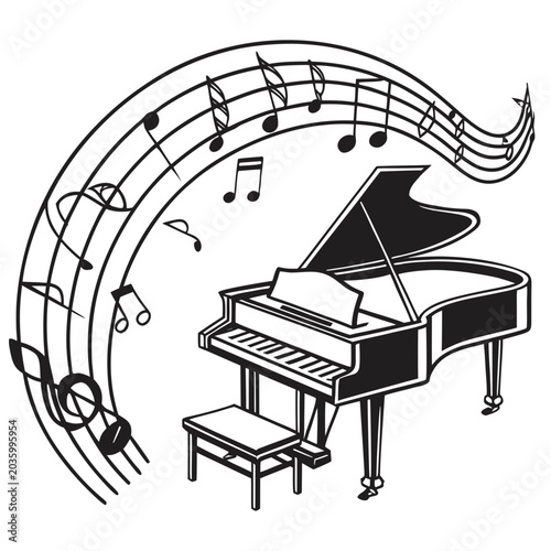 Tableau sur toile Stylized grand piano with flowing musical notes treble clef and staff representi