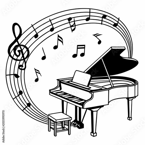 Photos Artistic grand piano with flowing musical notes treble clef and staff symbol rep