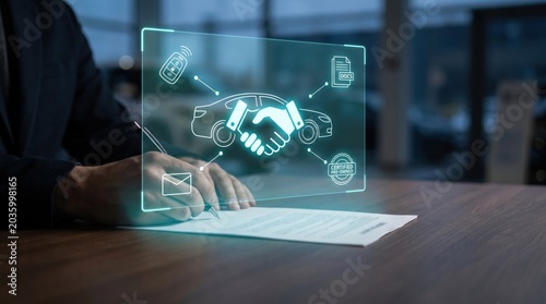 AR Car Purchase Signing: Customer Hands with Holographic Handshake and Certified Icons at Dealership Desk