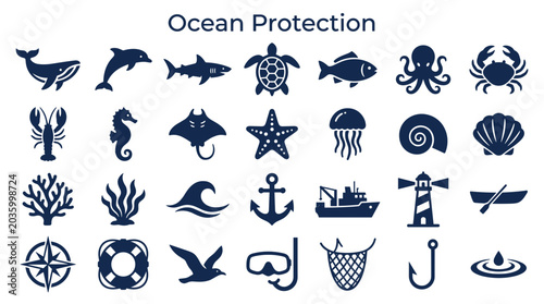 Canvastavla Ocean Protection Icons Set Featuring Marine Life and Maritime Symbols for Enviro