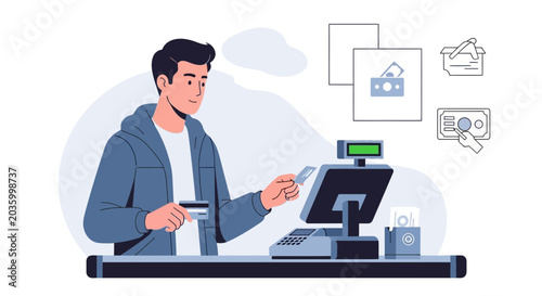 Man paying with credit card at checkout counter, retail concept vector illustration
