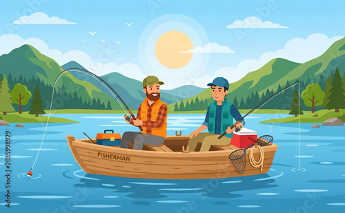 An illustration of two men fishing from a wooden rowboat on a calm lake surrounded by mountains and pine trees.