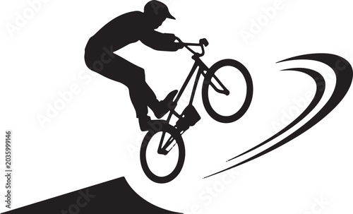 Bmx rider performing trick on bike jumping on ramp with motion lines action on white background