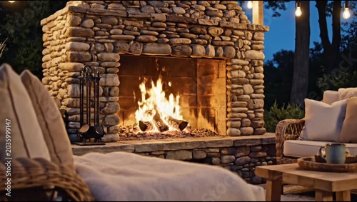 Cozy outdoor stone fireplace with burning fire flames in backyard patio area
