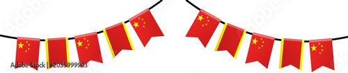 Fotografie Multiple red chinese national flag pennants hanging banners for festive party decorations