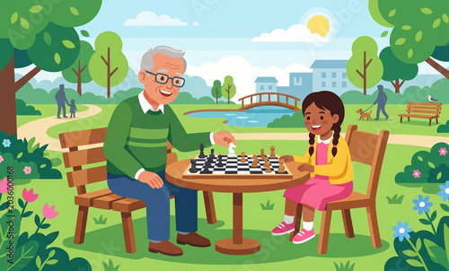 An illustration of a grandfather playing chess with his young granddaughter in a bright, cozy living room.