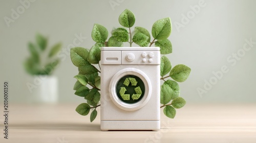 Eco-friendly Washing Machine: A miniature washing machine adorned with vibrant green leaves, featuring a prominent recycling symbol on its drum.