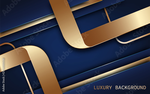 Luxury geometric abstract background in elegant blue layered with metallic gold ribbon elements and smooth modern lines. Vector Illustration