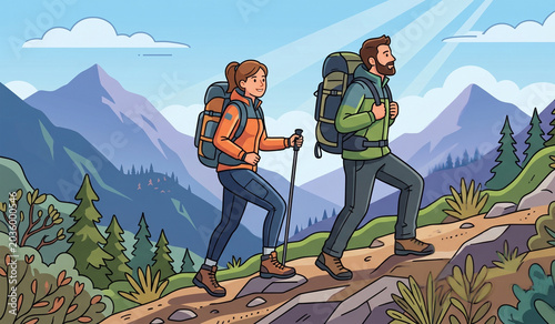 A comic-style illustration of a man and woman with large backpacks hiking up a mountain path on a sunny day.