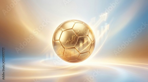 Golden Soccer Ball with Digital Circuit Patterns and Rising Financial Growth Charts Representing Sports Betting Analytics and Football Market Trends