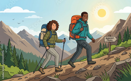 A comic-style illustration of a man and woman with large backpacks hiking up a mountain path on a sunny day.