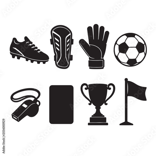 Foto soccer equipment silhouettes, football equipment silhouettes, soccer ball icon,