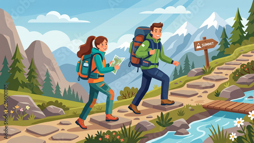 An illustration of a man and woman backpacking up a scenic mountain trail under a bright, sunny sky.