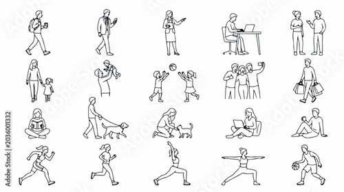 Minimalist line art people icons, set of 20 vector human figures in daily activities, black and white sketch characters for architectural rendering