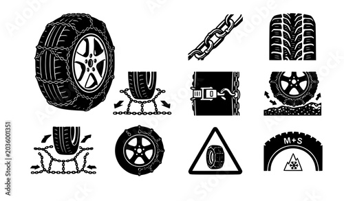 Canvastavla Modern snow chain vector icon set for winter tires automotive safety and tractio