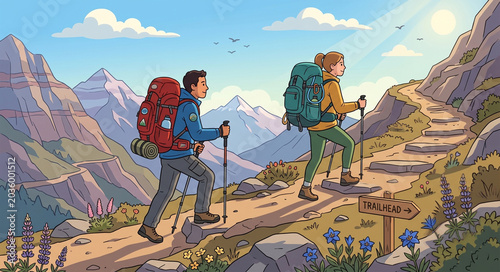 An illustration of a man and woman backpacking up a scenic mountain trail under a bright, sunny sky.