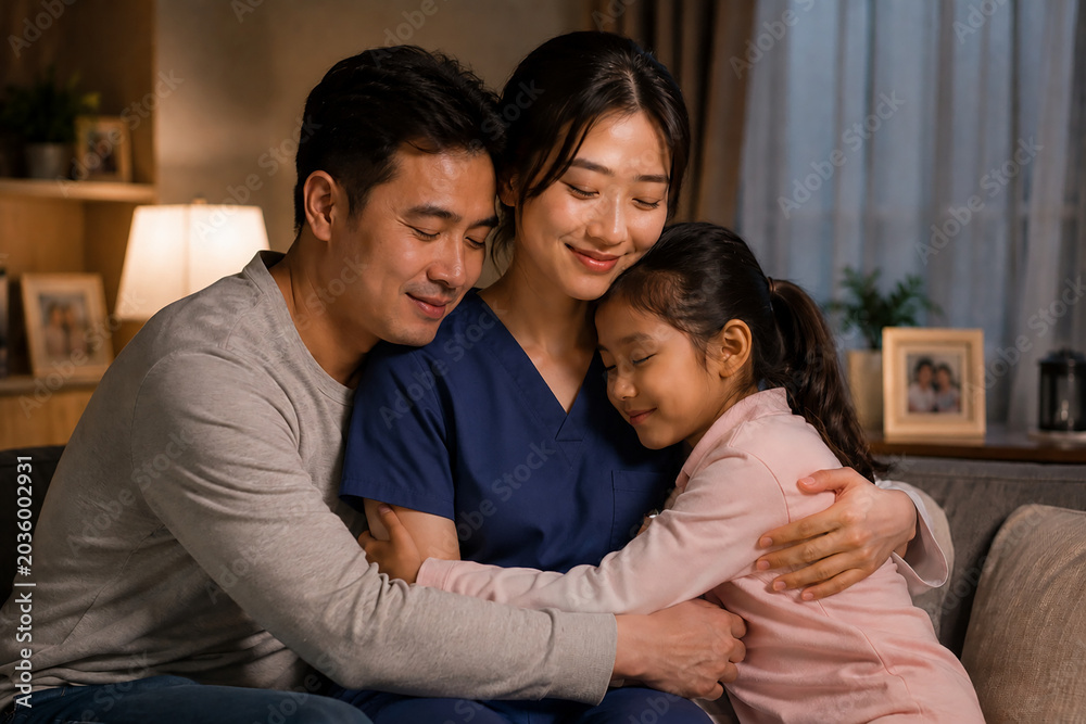 Fototapeta premium Asian doctor embracing family at home after work, warm emotional healthcare lifestyle scene showing comfort, relief and post-shift recovery.