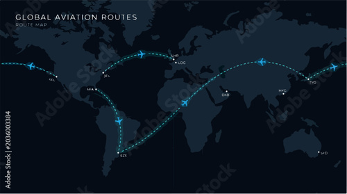 Global aviation routes map vector, dark world map with airplane flight paths, international airline travel connections and logistics background
