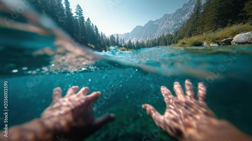Over Under Shot of Hands in Clear Water