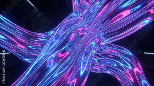 Abstract 3d render of flowing liquid metallic ribbons with vibrant blue and pink neon lighting in a dark futuristic tunnel