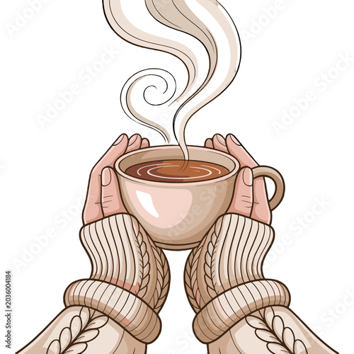 A close-up of hands holding a steaming cup of coffee, wrapped in a cozy sweater.