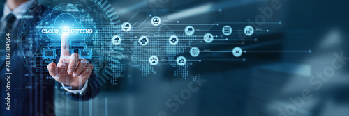 Принти на полотні IT professional hand touch CLOUD COMPUTING network accessing virtual databases and remote server storage on digital panel