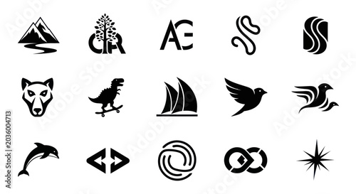 Collection of Black and White Icons and Logos: Nature, Animals, Abstract, Symbols