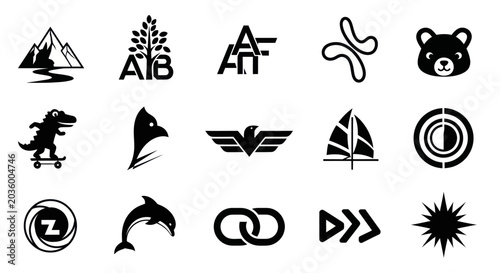 Collection of Black and White Icons: Animals, Nature, Business, Symbols