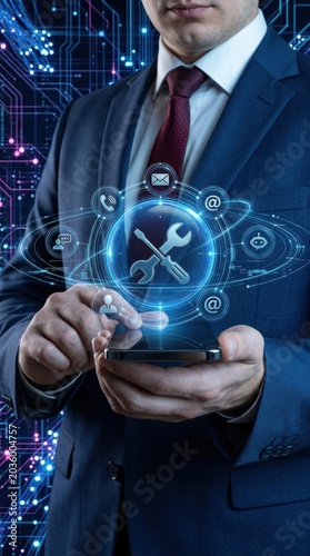 Businessman holding smartphone with digital interface showing technical support and customer service icons