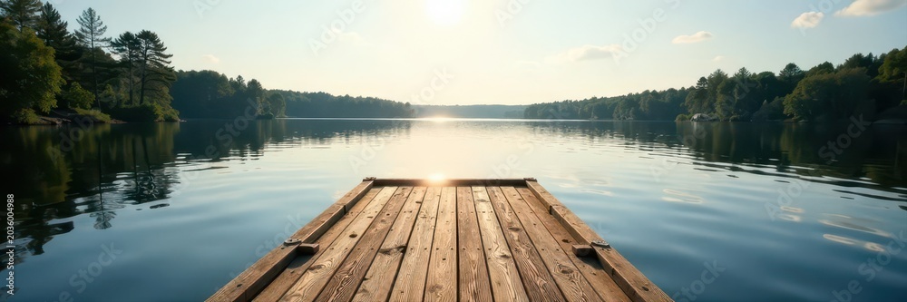 Naklejka premium Floating wooden dock on tranquil Swedish lake, sunlit water , summer, landscape