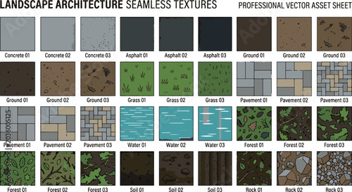 Professional landscape architecture seamless textures asset sheet featuring concrete asphalt ground grass pavement water forest soil rock vector illustration