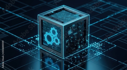 Futuristic digital cube with glowing gear icons and circuit board patterns on a dark technological background