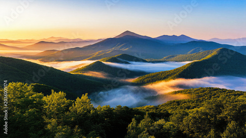 Aerial view of misty mountain valley at golden sunrise with dramatic fog rolling through green forested hills and layered peaks nature landscape scenery travel concept