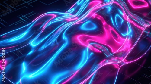 Abstract 3d liquid wave background with neon blue and pink glowing light effects and digital circuit board pattern