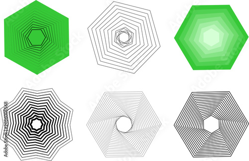 Green hexagon spiral patterns and line art, Concentric hexagonal gradient shapes, Abstract geometric green vortex symbols