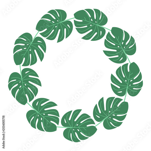 Green round frame made of monstera leaves. Decorative elements for design, greeting card, invitation, summer sale, interior isolated on white background.