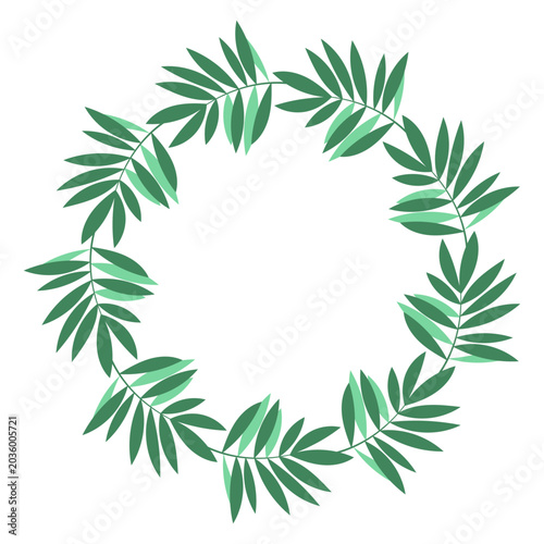 Green round frame made of palm leaves. Decorative elements for design, greeting card, invitation, summer sale, interior isolated on white background.