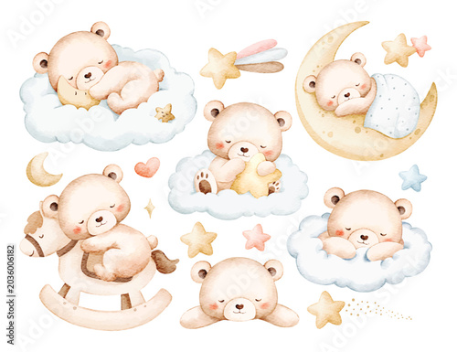 Watercolor Illustration Set of Sleepy Teddy Bears and Nursery Elements
