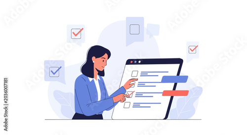 Woman checking items on a digital checklist on a screen, illustration, planning, task management